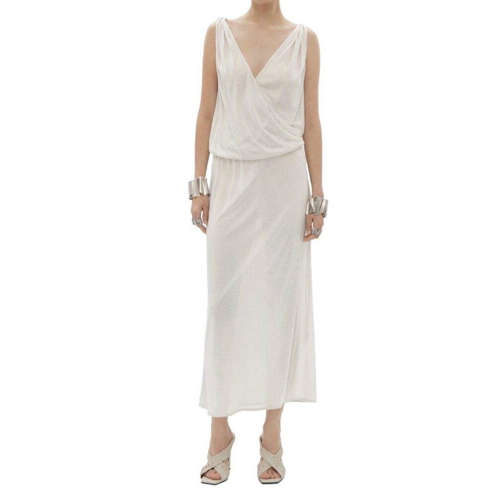 Black Halo Maxi Dress Stretch 4 Small Ivory White Sleeveless Plunge Neckline